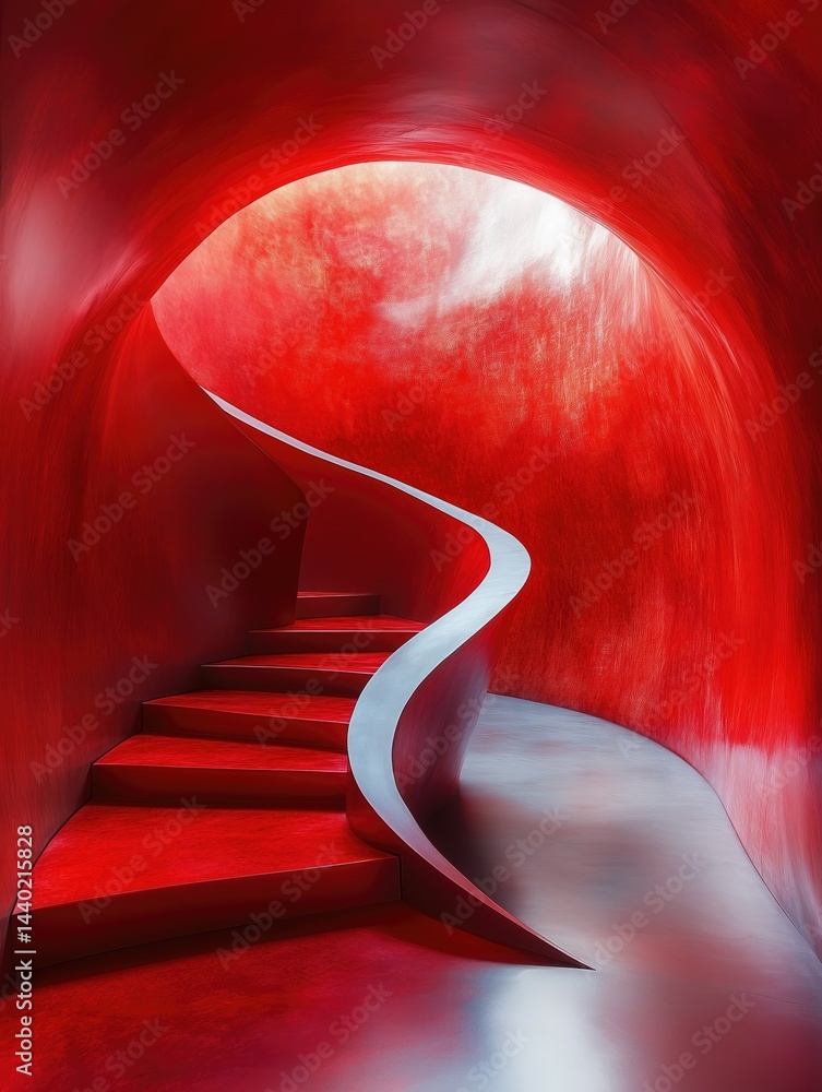 Poster a striking red spiral staircase curves through a vibrant red tunnel - like space, with light illumin