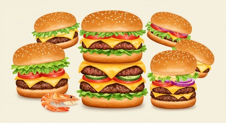 Burgers and Shrimp Arrangement with Cheese and Vegetables