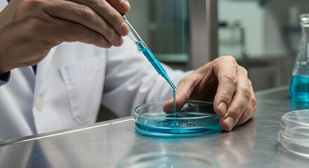 Scientist adding blue liquid drop with pipette to petri dish in laboratory. Researcher performing medical experiment. Lab worker developing cure or vaccine for illness.