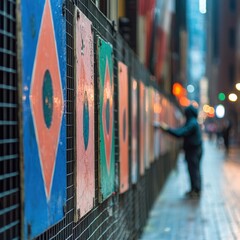Obraz premium Individual walking down a street surrounded by buildings and sidewalks in a lively urban environment