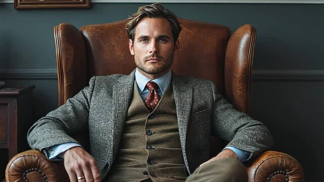 Stylish man in a suit sitting in an armchair.