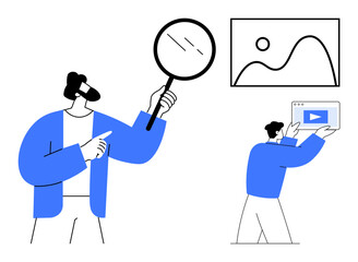 Professional examining with a magnifying glass and another presenting a screen. Ideal for research, teamwork, analytics, presentation, data exploration, business growth, simple landing page