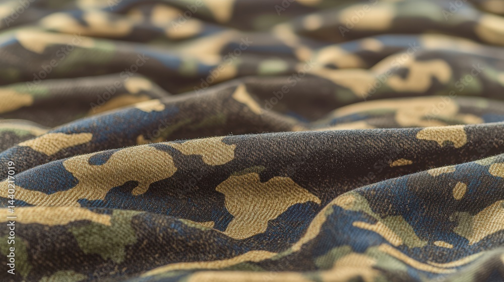 Poster close-up view of camouflage fabric textured surface showcasing unique patterns and colors