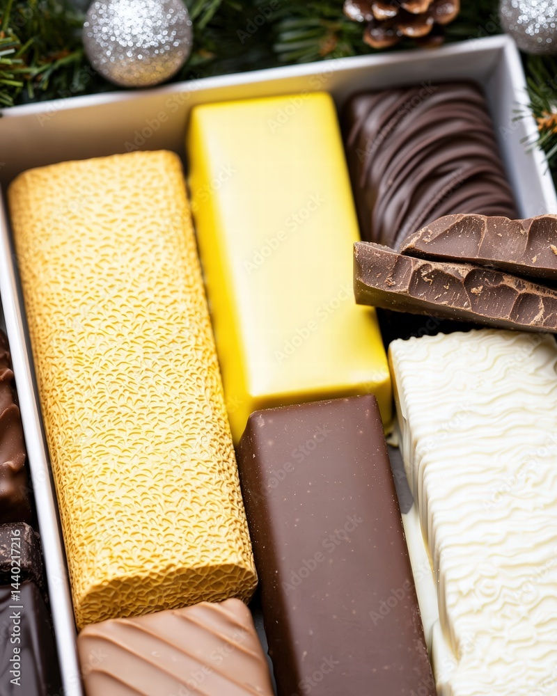 Poster a beautifully arranged box of assorted chocolates displayed elegantly on a decorative surface