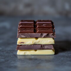 Stack of various chocolate bars on a gray stone background studio shot close up indulgence candy deliciousness