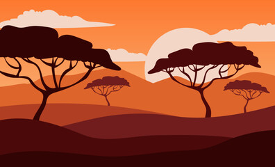 landscape illustration of desert with sunset view