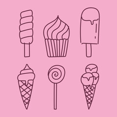 vector outline illustration set of ice cream and candy