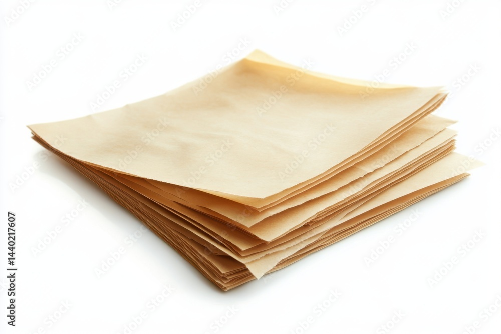 Aufkleber a stack of square parchment paper sheets on a white surface with soft shadows and a close up view