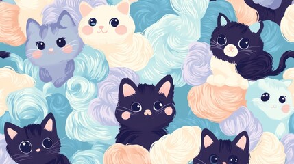 Fototapeta premium Charming kitty pattern with pastel background.