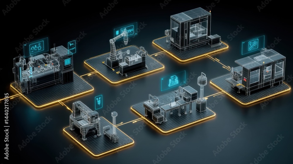 Poster network of interconnected futuristic machines with glowing lines on dark background. digital manufac