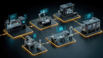 Network of interconnected futuristic machines with glowing lines on dark background. Digital manufacturing, automation, and industry 4.0 concept.