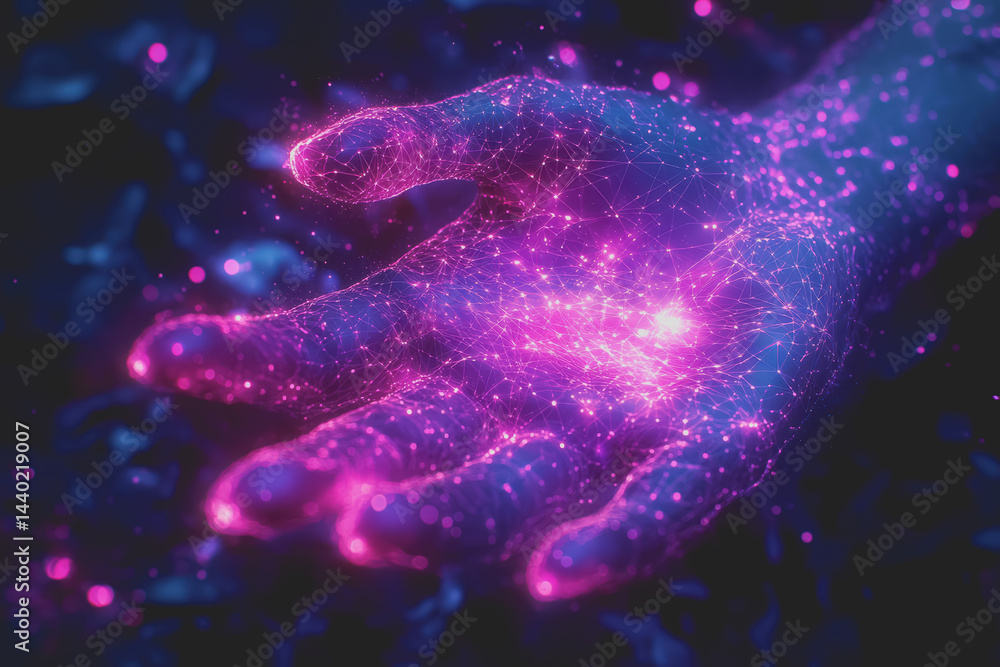 Poster a digital network of luminescent dots and polygonal connections radiating from the hand.