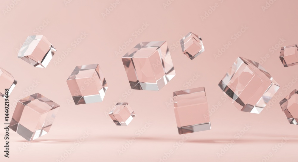 Poster floating crystal cubes: abstract minimalist 3d render of elegant glass blocks in soft pink backgroun