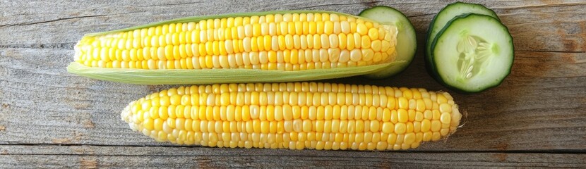 Vibrant Yellow Corn and Fresh Green Cucumber Slices on a Rustic Wooden Surface Close Up Detailed Texture Natural Lighting