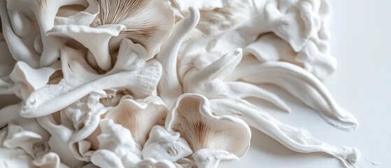 Creamy white oyster mushrooms on a white table with a shallow depth of field close up for culinary art