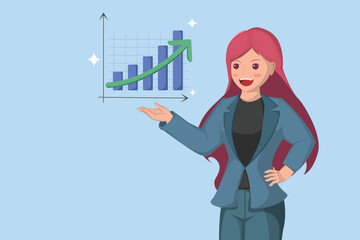 Successful Business Growth Presentation Confident businesswoman Showcasing Increasing Bar Chart with Upward Trend Arrow.