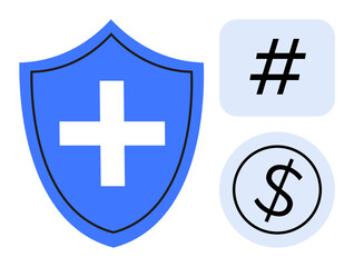 Blue shield with cross, metadata tag, and dollar sign, symbolizing protection, healthcare, digital trends, and finance. Ideal for cybersecurity, healthcare technology business finance digital