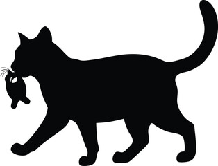 Silhouette of a cat carrying a fish in its mouth on white background