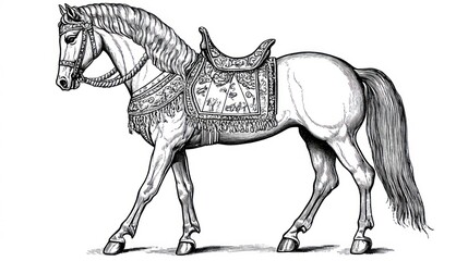 Ornate saddled horse walking, antique illustration
