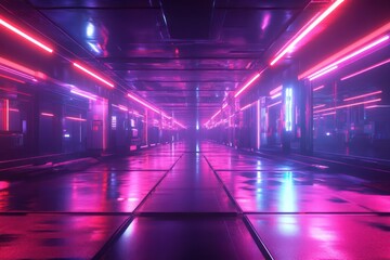 Fototapeta premium Neon lights corridor futuristic reflective pink blue