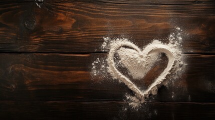 Rustic affection: Heart shape formed with flour on a dark wooden surface