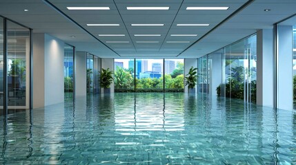 Fototapeta premium Emergency flood situation as water seeps through office ceiling tiles, dripping rapidly.