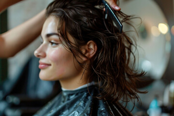 Fototapeta premium Elegant Woman in a Modern Salon, generative ai