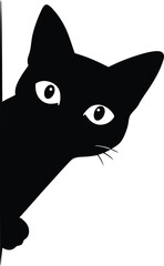 A playful black cat peeking around a corner with watchful eyes