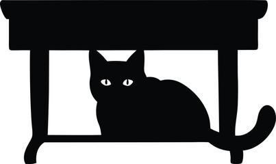 A mysterious black cat hiding under a table in silhouette style