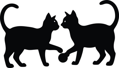 Two Black Cats Playing with a Ball Silhouette on White Background