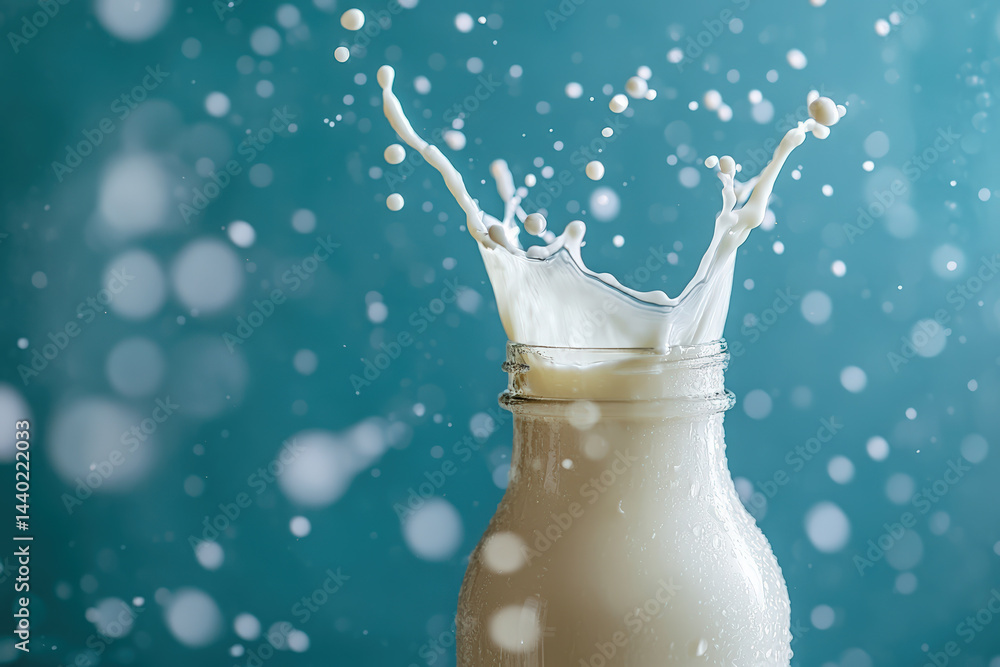 Poster milk splash erupting from a bottle. a bottle filled with milk is shown as a splash erupts into the a