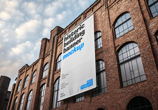 Advertising Banner Mockup on Historic Building for Design and Branding Projects