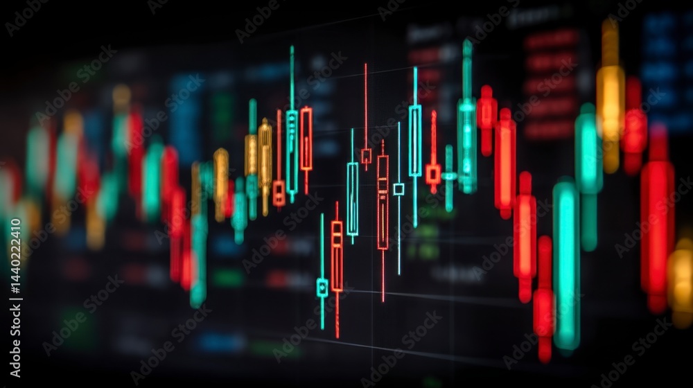 Poster abstract close up of a digital screen displaying multicolored candlestick charts, illustrating finan