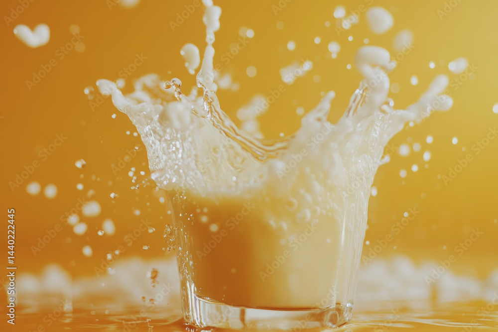Poster liquid splash into a glass. a glass of liquid is being splashed, the movement creates a crown shape 