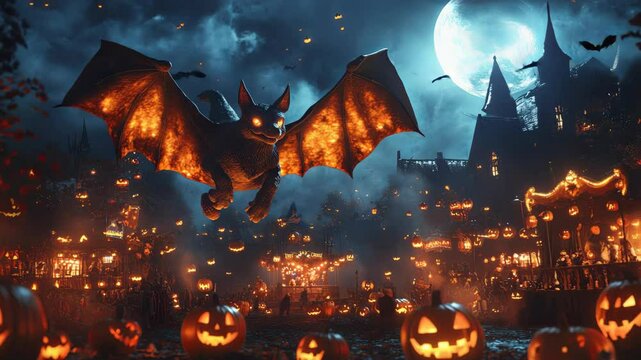 Spooky Halloween Night with a Giant Bat Soaring Over a Sleepy Town