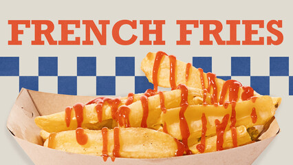 French fries covered in ketchup and served in paper container against retro checkered background. Conceptual design. Concept of food, pop art, celebration, creativity, poster, ad. Street food