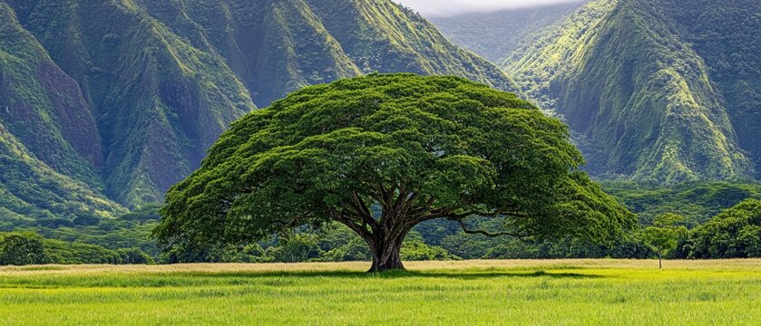 Majestic Monkeypod Tree Standing Tall with Lush Green Canopy Against Stunning Mountain Landscape
