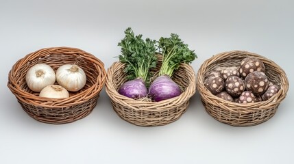 Rustic Baskets Filled with Fresh Produce Garlic Purple Turnips and Decorative Spheres in Warm Indoor Light
