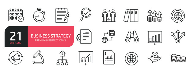 Set of line icons related to list, research, solution, marketing, management. Outline icons collection. Editable stroke. Vector illustration.