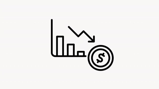 Bar graph with a dollar coin represents declining value. Suitable for financial blogs, reports, presentations, and economic analysis illustrating loss.
