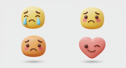 Obraz premium Emoji Faces: Tears, Sadness, and Winking Heart, Expressive 3D Render on White.