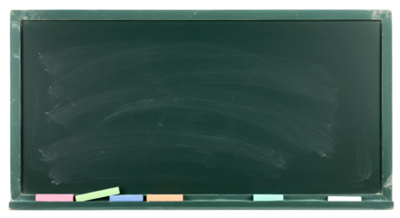 A green chalkboard with a few pieces of chalk resting at the bottom edge of the board surface on transparent background