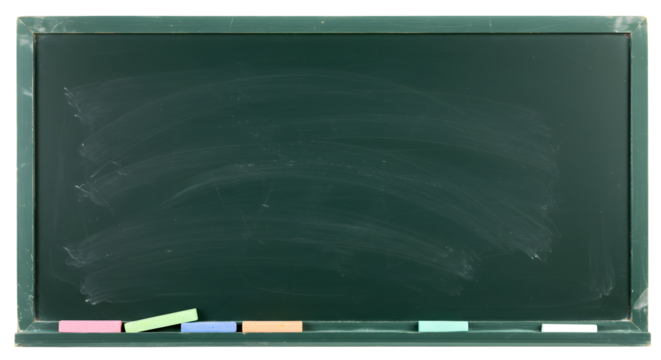 A green chalkboard with a few pieces of chalk resting at the bottom edge of the board surface on transparent background