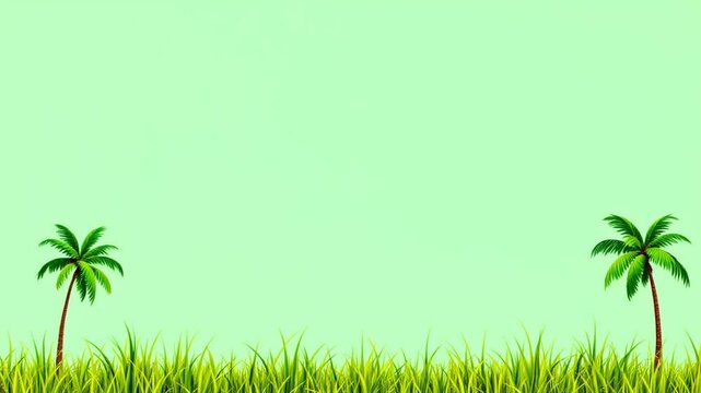 Minimalist tropical scene with palm trees and green grass on pastel background for summer design
