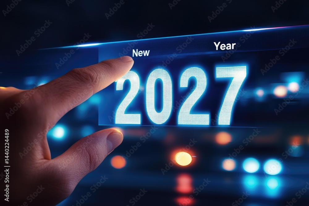 Poster a hand interacting with a digital display counting down new year 2027 with blue lighting on a dark b