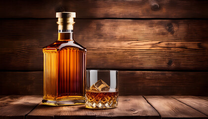 bottle and glass of whiskey on a wooden background made with vintage tones