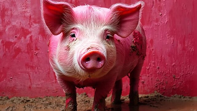 Pink pig in mud.