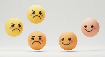 Naklejka premium Spherical Emoticons: Array of Mixed Emotions, Yellow and Peach, Subtle Lighting, Minimalist Background.