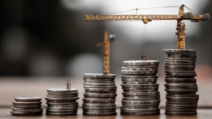 Stacks of coins increase in size, with construction cranes on top, suggesting growth and investment.