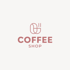 Coffee shop logo design template. Coffee bean and coffee cup line art icon.